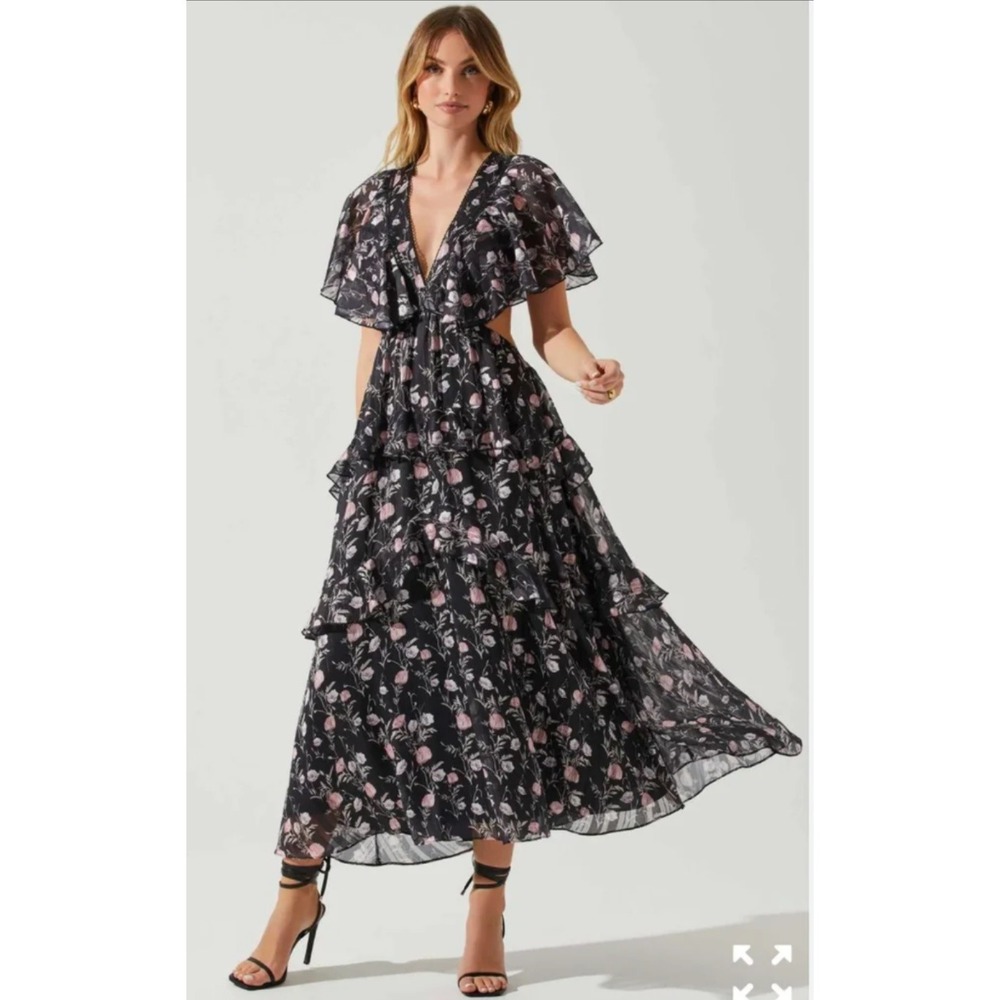 ASTR The Label Dress Womens Black Floral Ruffle Cutout Tiered Maxi Romantic